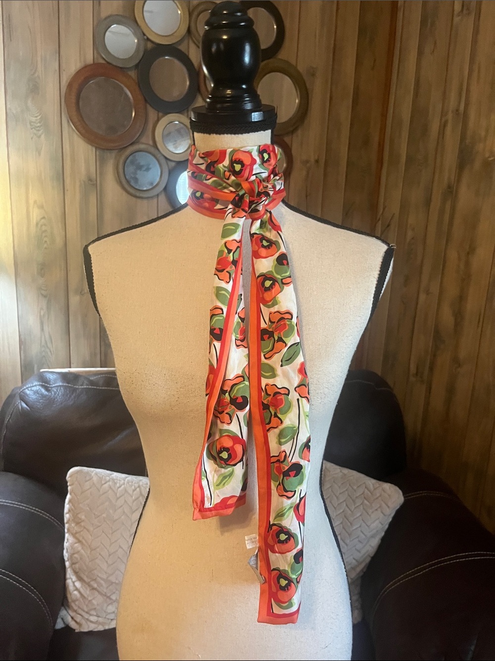 Talbots Floral Silk Scarf Orange, Green and White Tie Belt Purse Scarf Elegant